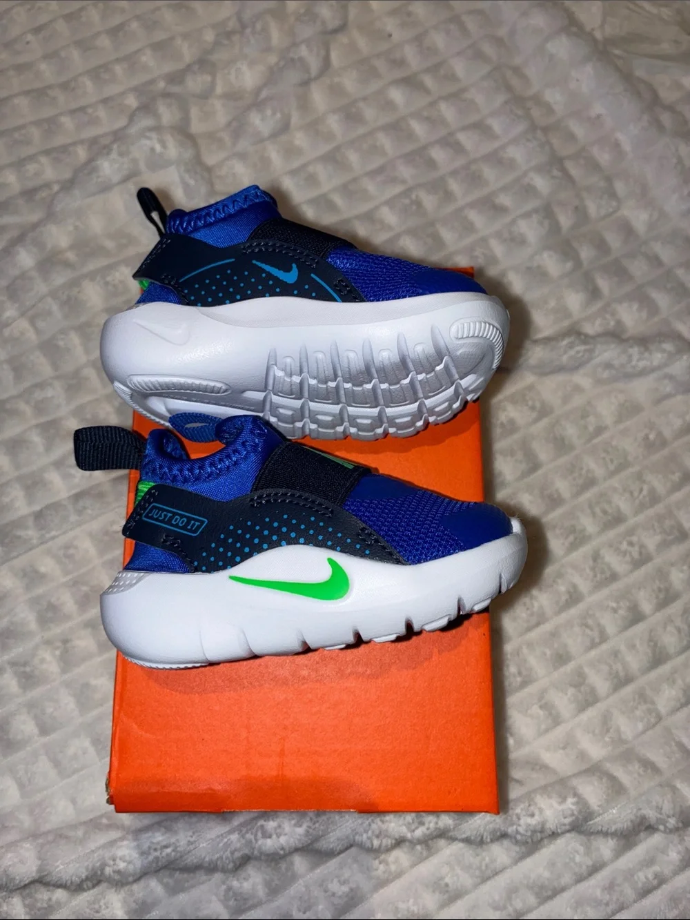 Nike Bright Blue Baby Slip-On Sneakers with Neon Green Logo